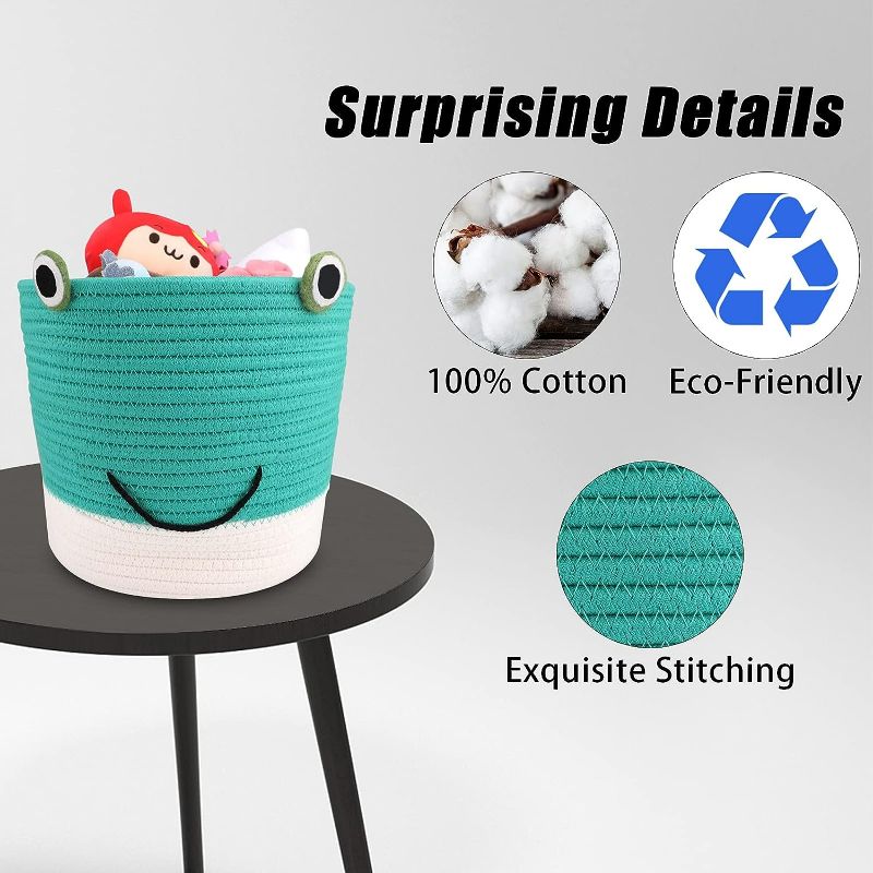 Photo 1 of Collapsible Laundry Hamper LONTAN Cotton Rope Basket | Green Frog Pattern Cute Bathroom Storage Basket Washable Toy Basket for Cloth, Towel, 8"x7"