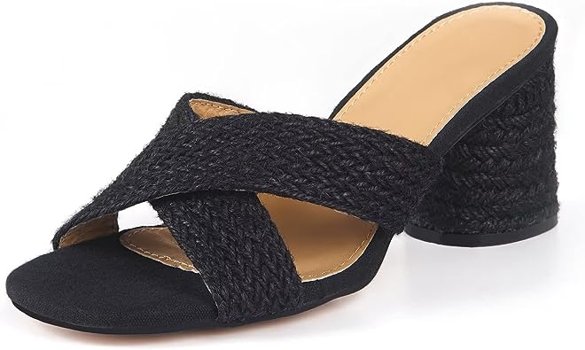 Photo 1 of Samilor Women's Chunky Heel Sandals Square Open Toe Cross Braided Espadrilles High Heeled Mules Slip On Shoes for Summer - Black - Size 9
