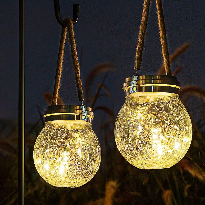 Photo 1 of ROSHWEY Solar Lantern, 2 Pack Garden Decor Waterproof Outdoor Lanterns with 30 LED Christmas Decorations Solar Lights Patio Hanging Lights for Backyard Fence Pathway, Warm White
