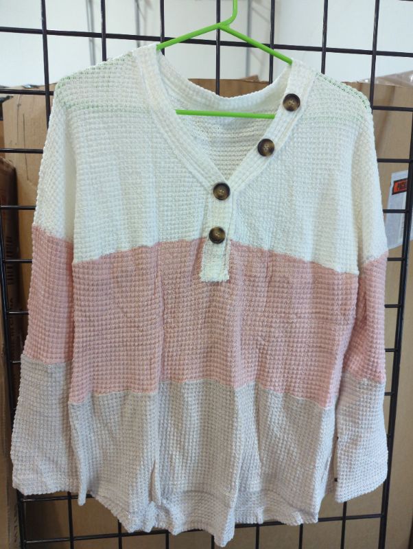 Photo 2 of Women's Loose Fitting Waffle Knit V-Neck Button-Up Top - Size Large