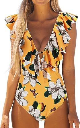 Photo 1 of Binlowis V Neck Ruffle One Piece Swimsuit Ladies Floral Print Sexy Belt Bathing Suit Tie Back Swimwear - Size Large
