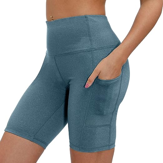 Photo 1 of Uhnice Women Yoga Shorts High Waist Biker Running Workout Shorts with Pockets, Heather Blue, Small
