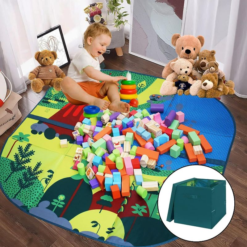 Photo 1 of homyfort Kids Play Mat and Toy Chest Box Storage,Collapsible Storage Bin Holders with Lid for Playroom, Closet, Bedroom, Outdoor,Home Organization and Classroom12.8 12.8" 13.2"/38.4" 38.4"(Green)