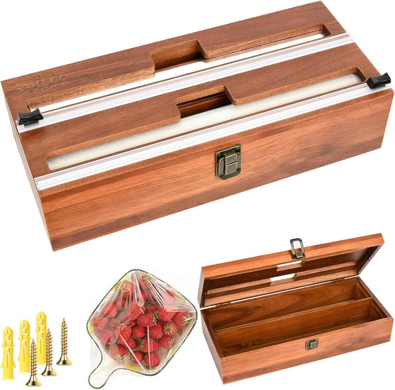Photo 1 of 2in1 Foil and Plastic Wrap Organizer Smilco Acacia Wood Plastic Wrap Dispenser with Cutter Aluminum Foil/Plastic Wrap/Tin Foil Dispenser for Drawer Organization and Storage.
