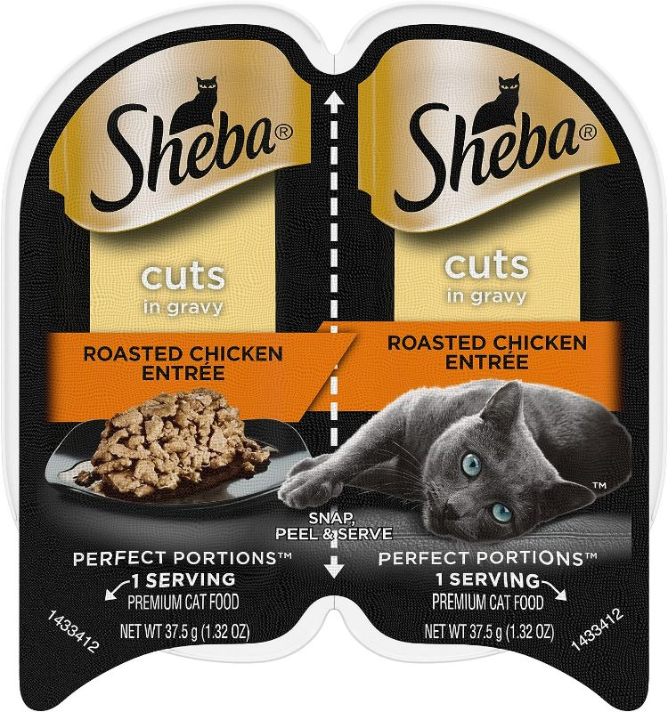 Photo 1 of SHEBA Wet Cat Food Cuts in Gravy Roasted Chicken Entree, PERFECT PORTIONS Twin-Pack Trays, 2.6 Ounce (Pack of 24) Original Chicken 2.6 Ounce (Pack of 24)