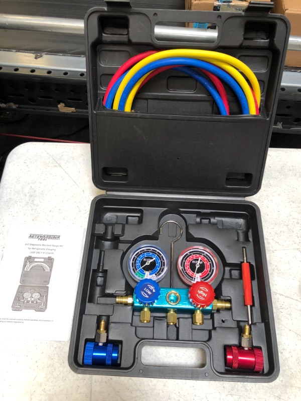 Photo 2 of AutoWanderer Tool R1234yf AC Gauges, 3 Way 1234yf AC Manifold Gauge Set Car Air Conditioner Recharge Kit with 5FT Hoses R1234yf Quick Couplers Valve Core Remover