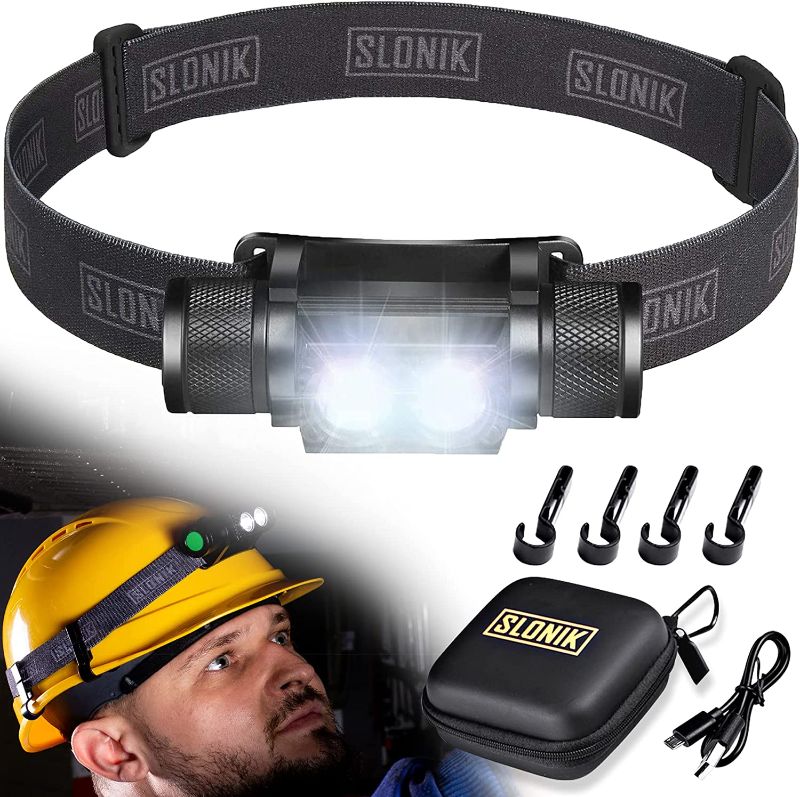 Photo 1 of SLONIK Headlamp Rechargeable - 1000 Lumen LED USB Rechargeable Headlight w/ 2200 mAh Battery - IPX8 Waterproof Head Lamp with Bright 60 ft Flashlight Beam - Hiking & Outdoor Camping Gear, Black