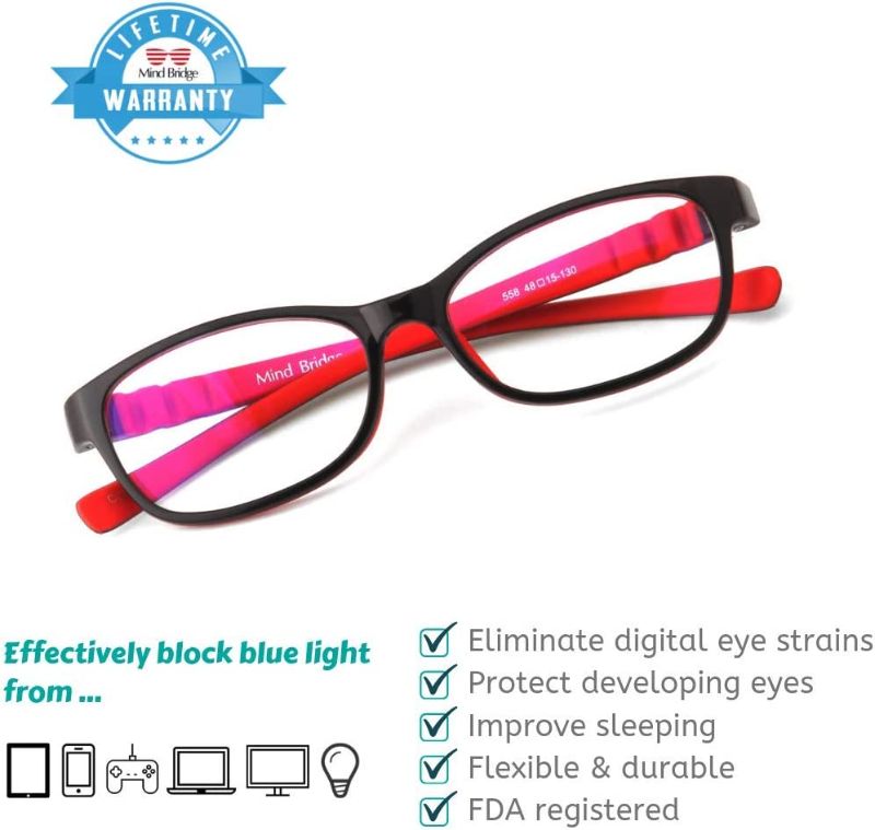 Photo 1 of Mind Bridge Kids Blue Light Blocking Computer Video Gaming Glasses - Anti Eyestrain | Durable Cute Protection Eyewear for Children Boys & Girls Digital Screen Time & Technology Use | 558 Black Red
