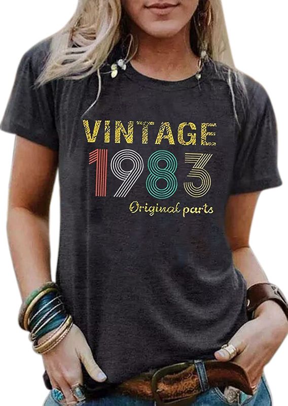 Photo 1 of 40th Birthday Gift Shirts Vintage 1983 Original Parts Tshirt for Women Letter Print Retro Birthday Casual Tee Tops -- Size Unknown
