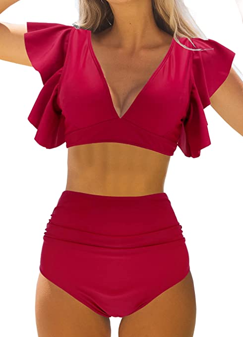 Photo 1 of Binlowis High Waist Flounce Bikini Set Women Front Knot Side Bandage Two Piece Swimsuit Beachwear- SIZE S 
