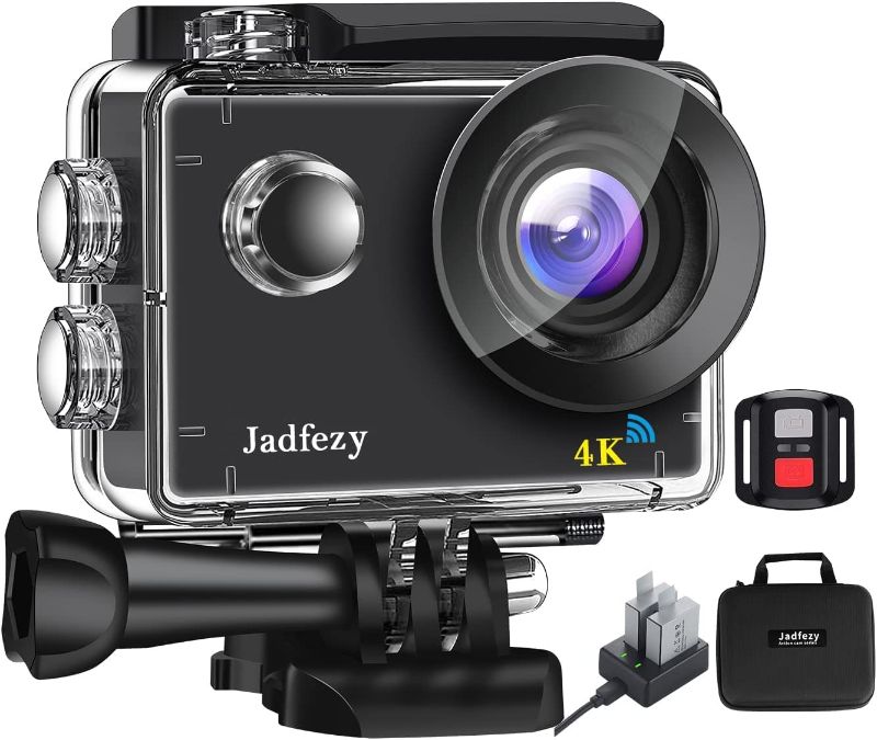 Photo 1 of Jadfezy Action Camera 4K with WiFi, Remote Control, Sports Camera with 20 MP and 170° Wide Angle, 30M/98FT Underwater Waterproof Camera with Charger?2×1350 mAh Batteries and Mounting Accessories
