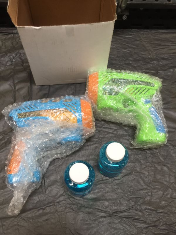 Photo 2 of JOYIN 2 Bubble Gun with 2 Bottles Bubble Solutions, Automatic Bubble Maker Blower Machine with Music Outdoor Indoor Summer Bubble Fun Toys, Birthday Gift, Party Favors for Kids Girls Boys Green+blue