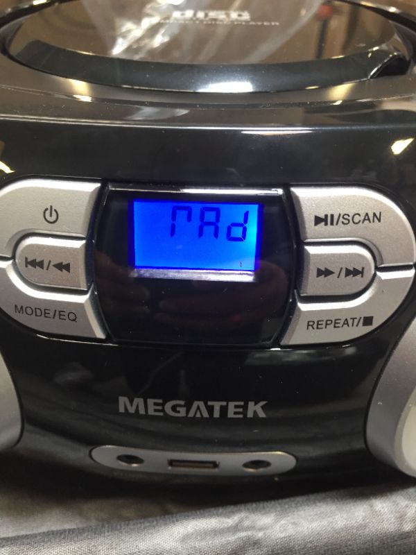 Photo 2 of MEGATEK Portable CD Player/Radio/Bluetooth Boombox with Enhanced Stereo Sound, CD-R/CD-RW/MP3/WMA Playback, USB Port, AUX Input, Headphone Jack, Backlit LCD Display, AC/Battery Operated Black