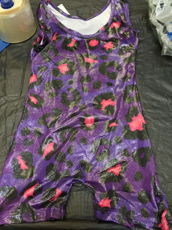 Photo 2 of HOZIY Gymnastics Leotards for Girls with Shorts Toddlers Biketards Rainbow Unicorn Dinosaur Mermaid Leopard Donut Galaxy- SIZE  5/6 Years Purple Leopard