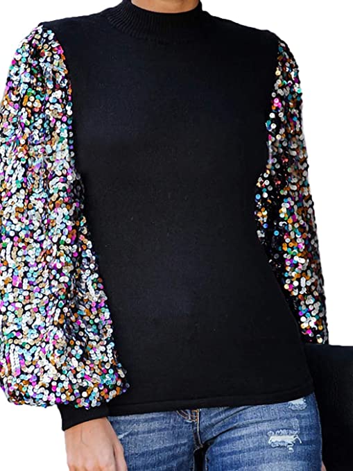 Photo 1 of Anna-Kaci Women's Confetti Sequin Balloon Long Sleeve Mock Neck Pullover Sweatshirt- SIZE L 
