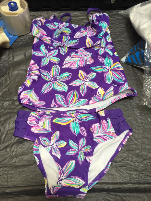 Photo 2 of Kanu Surf Girls' Charlotte Flounce Tankini Beach Sport 2-Piece Swimsuit- SIZE  12 Charlotte Purple Floral