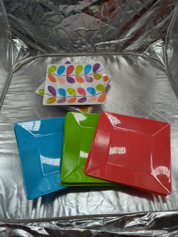 Photo 1 of 8" SQUARE PLASTIC PLATES - QTY OF 12 - 5 Colorful Design, 7 Assorted Colors (Green, Red, Blue)
