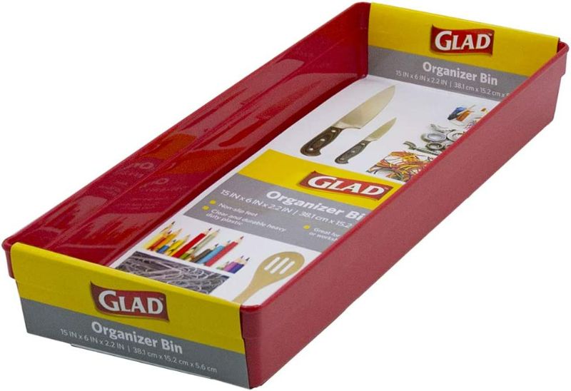 Photo 2 of Glad Plastic Drawer Storage Tray – Heavy Duty Organizer Bin for Home, Kitchen, Bath, Bedroom, Office | Non-Slip Feet, 15x6, Red