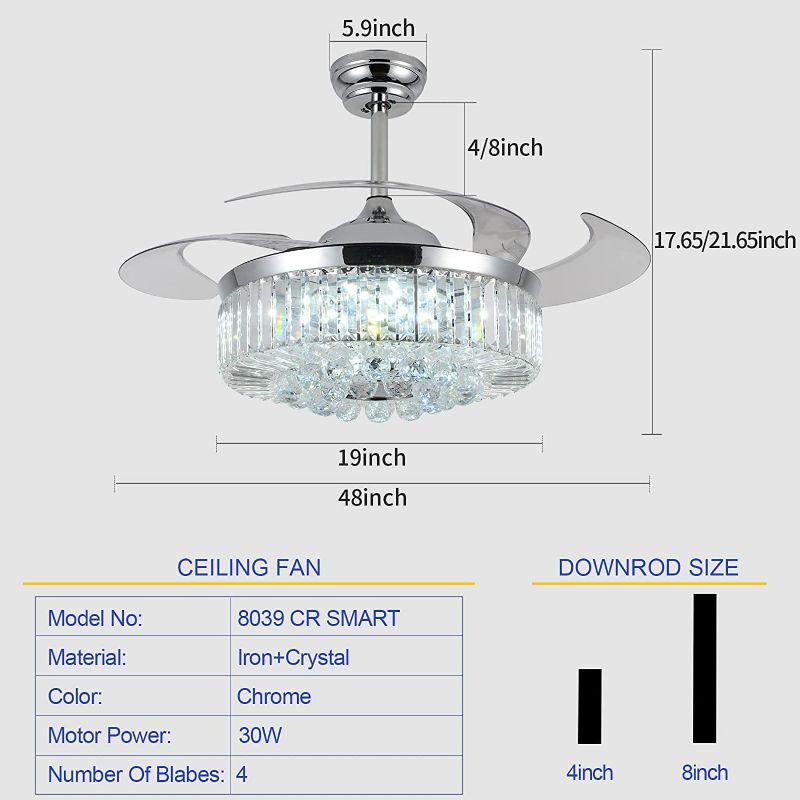 Photo 1 of ARONKID Crystal Ceiling Fan with Lights,48 Inch Retractable Chandelier Ceiling Fans with Speaker and Remote,Adjust 6 Speed Reverse DC Copper Motor, Lights with The Change of Music Rhythm(Chrome)