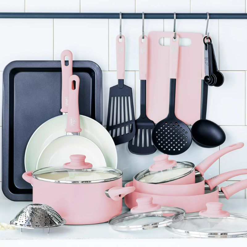 Photo 2 of GreenLife Soft Grip 18 Piece Cookware Set, Quartz Pink
