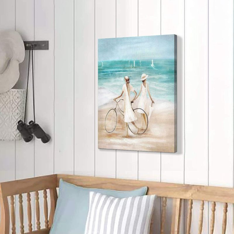 Photo 2 of Beach Abstract Painting Coastal Picture: Women & Bicycle Artwork Ocean Wall Art Print on Canvas with Textured for Bedroom (24” x 18” x1 Panel)
