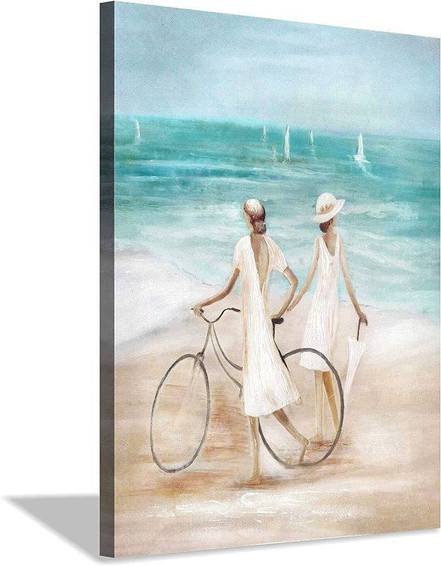 Photo 1 of Beach Abstract Painting Coastal Picture: Women & Bicycle Artwork Ocean Wall Art Print on Canvas with Textured for Bedroom (24��” x 18” x1 Panel)

