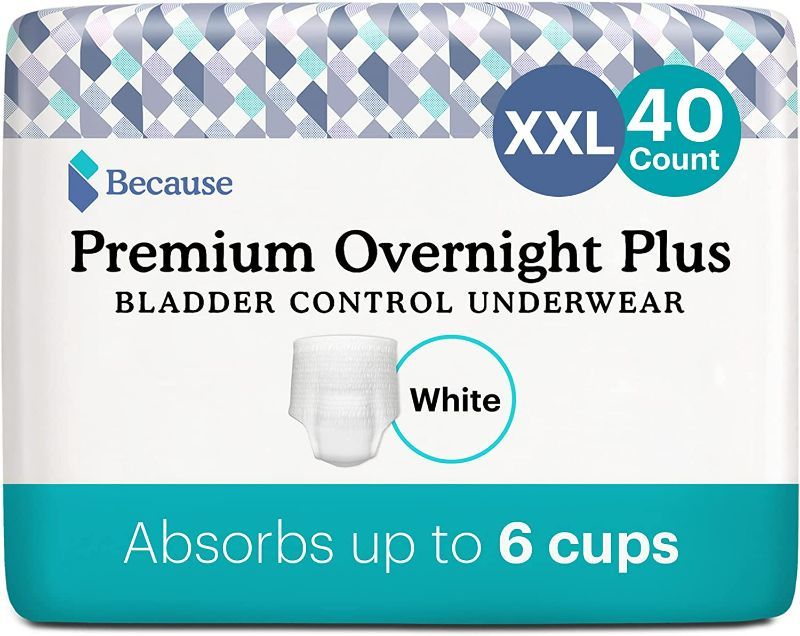 Photo 1 of Because Unisex Premium Overnight Plus Pull Up Underwear - Extremely Absorbent, Soft & Comfortable Nighttime Leak Protection - White, XX-Large - Absorbs 6 Cups - 10 Count/per pack - 4 Packs