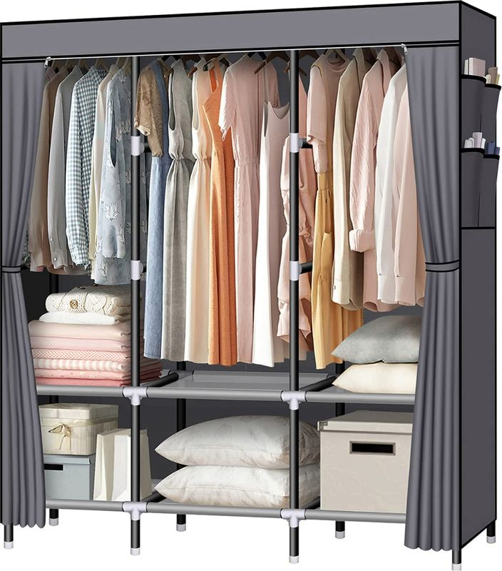 Photo 1 of LOKEME Portable Closet, 61-Inch Portable Wardrobe with 3 Hanging Rods and 6 Storage Shelves, Non-Woven Fabric, Stable and Easy Assembly Grey Portable Closets for Hanging Clothes with Side Pockets
