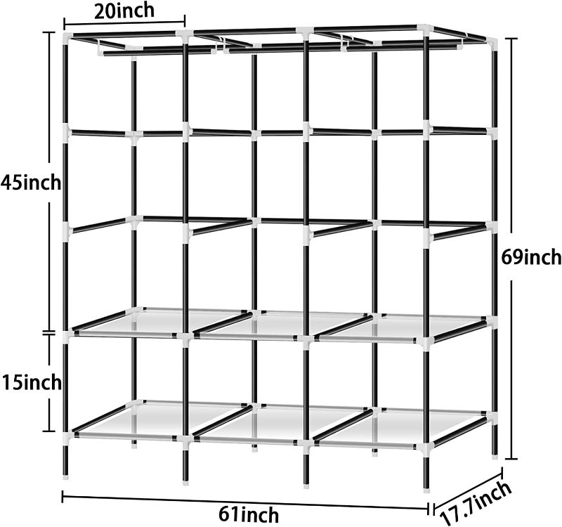 Photo 2 of LOKEME Portable Closet, 61-Inch Portable Wardrobe with 3 Hanging Rods and 6 Storage Shelves, Non-Woven Fabric, Stable and Easy Assembly Grey Portable Closets for Hanging Clothes with Side Pockets
