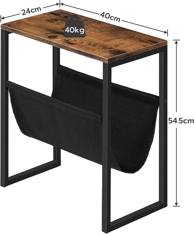 Photo 2 of HOOBRO Narrow Side Table, End Table with Magazine Holder Sling, Industrial Slim Nightstand for Small Spaces, Bedroom, Living Room, Small Coffee Accent Table, Rustic Brown and Black 
