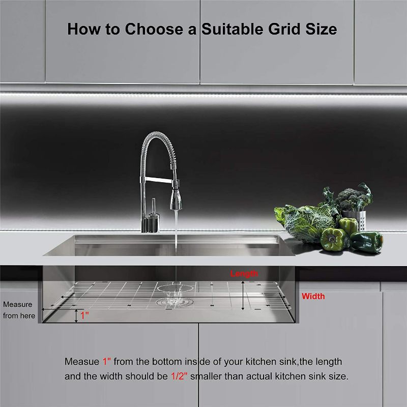 Photo 2 of MONSINTA Kitchen Sink Grid and Sink Protectors for Stainless Steel Kitchen Sink, Sink Bottom Grid, 27 5/8" X 15 11/16" with Rear Drain for Single Sink Bowl, Sink Mats and Sink Racks for Kitchen Sink
