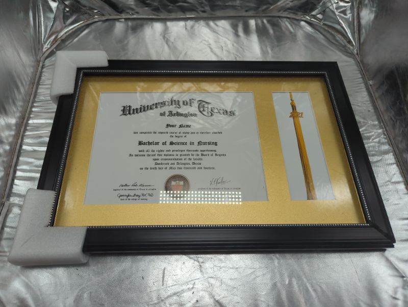 Photo 2 of GraduationMall 11x17 Black Diploma Frame with Tassel Holder for 8.5x11 Certificate Document,Real Glass, Navy over Gold Mat Black With Silver Beads / Blue Gold Mat Diploma + Tassel