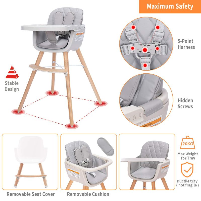Photo 2 of 3-in-1 Convertible Wooden High Chair,Baby High Chair with Adjustable Legs & Dishwasher Safe Tray, Made of Sleek Hardwood & Premium Leatherette, Mid Grey
