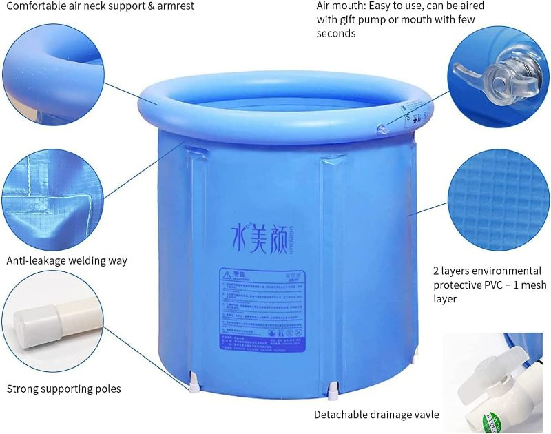 Photo 2 of G Ganen Ice Bath Hot SPA Tub Unisex Portable Foldable Inflatable 3 Layer PVC Freestanding Bathtub , 29.5 Inch Blue

