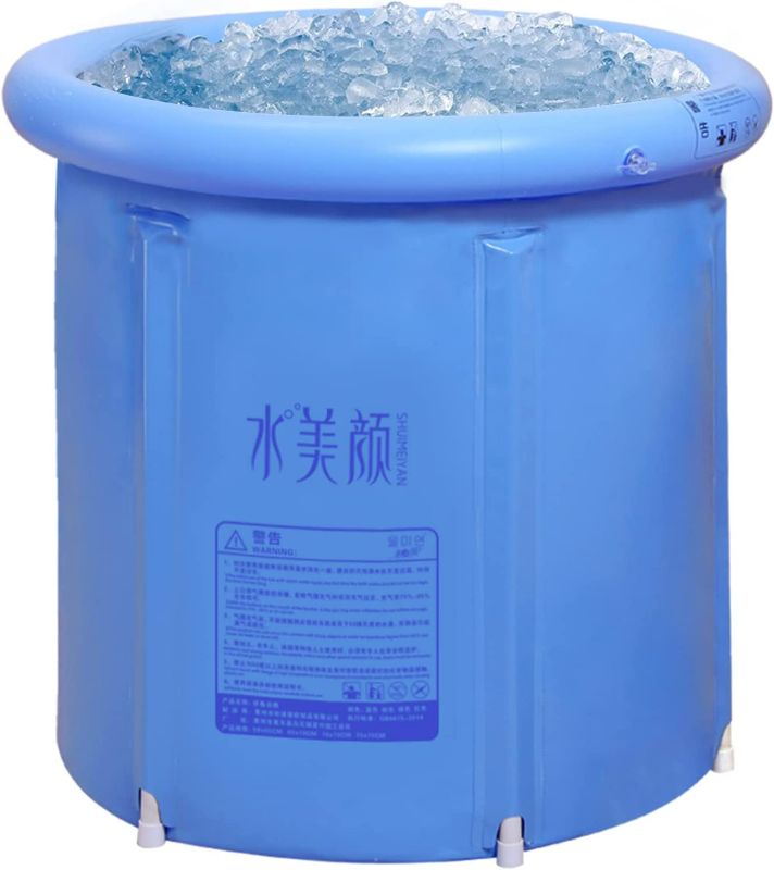 Photo 1 of G Ganen Ice Bath Hot SPA Tub Unisex Portable Foldable Inflatable 3 Layer PVC Freestanding Bathtub , 29.5 Inch Blue
