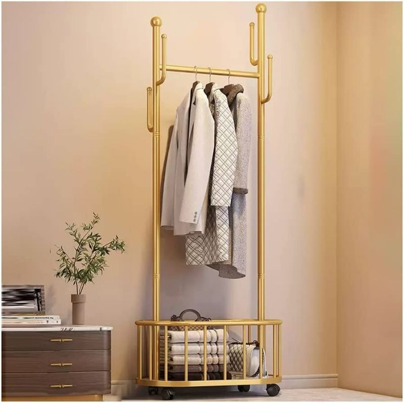Photo 1 of NEPHEW Freestanding Coat Rack Coat Tree with 6 Hooks and Mobile Casters Hall Tree with Metal Storage Basket for Home Office Entryway Corridor (Color : Gold, Size : 60 * 32 * 173cm)
