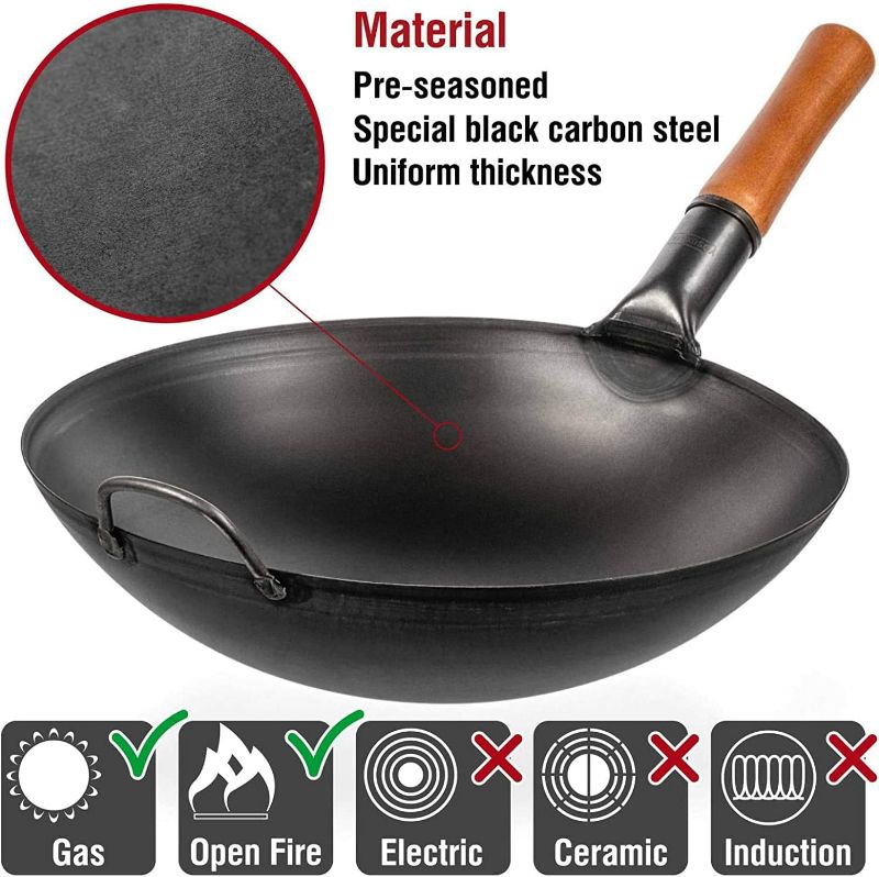 Photo 3 of YOSUKATA Carbon Steel Wok Pan - 14 “ Woks and Stir Fry Pans - Chinese Wok with Round Bottom Wok - Traditional Chinese Japanese Woks - Black Steel Wok