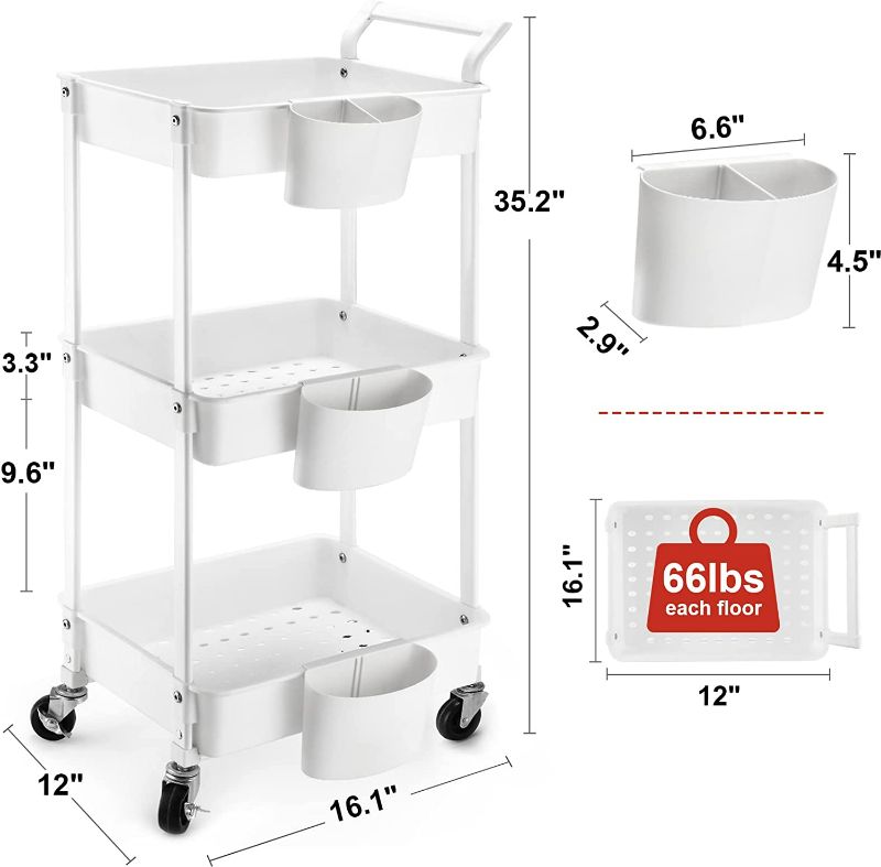Photo 2 of Hamone 3-Tier Utility Rolling Cart,Mobile Utility Cart with Lockable Caster Wheels,Storage Shelves Organizer Cart, 3 Hanging Baskets, Easy Assembly,for Bathroom, Kitchen, Office, Workshop,White
