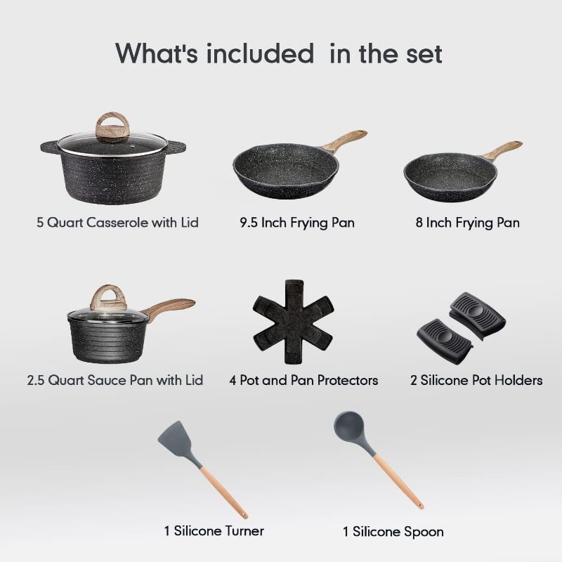 Photo 2 of JEETEE Pots and Pans Set, Nonstick Granite Cookware Sets Induction Compatible 14 Pieces with Frying Pan, Saucepan, Casserole, PFOA Free, (Grey, 14pcs Cookware Sets)
