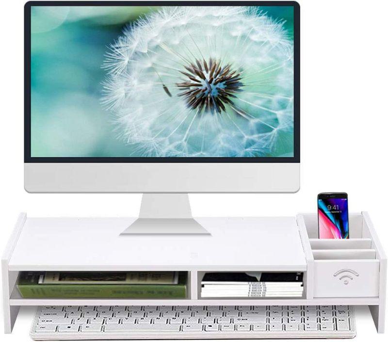 Photo 1 of Monitor Stand Riser, Computer Laptop Riser Shelf with Organizer Drawer (White)