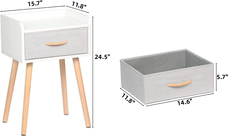 Photo 2 of LUCKNOCK NightStand with Fabric Drawer, Bedside Table with Solid Wood Legs, Minimalist and Practical End Side Table for Bedroom, White.
