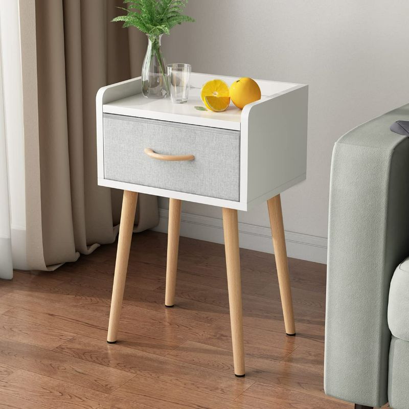 Photo 1 of LUCKNOCK NightStand with Fabric Drawer, Bedside Table with Solid Wood Legs, Minimalist and Practical End Side Table for Bedroom, White.
