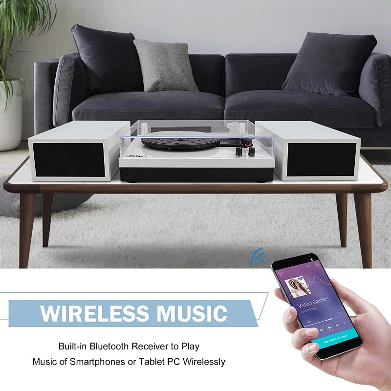Photo 1 of LP&No.1 Record Player with External Speakers, 3 Speed Vintage Belt-Drive Vinyl Turntable with Bluetooth Playback & Auto-Stop White Pearl Flash point White