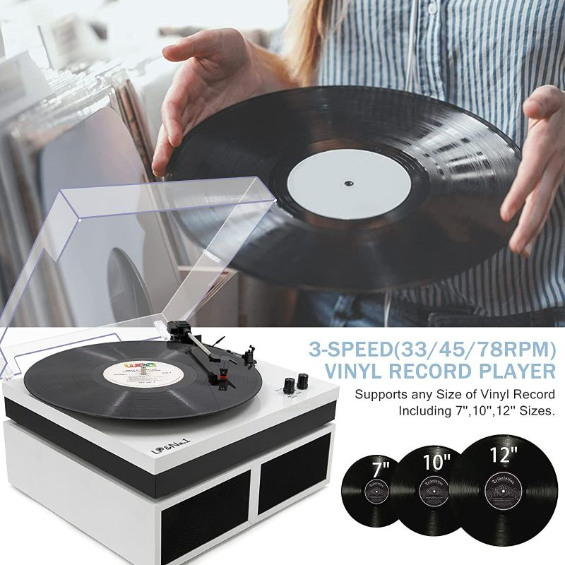 Photo 2 of LP&No.1 Record Player with External Speakers, 3 Speed Vintage Belt-Drive Vinyl Turntable with Bluetooth Playback & Auto-Stop White Pearl Flash point White