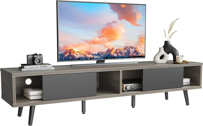 Photo 2 of Bestier 70 inch Mid Century Modern TV Stand for 75 inch TV, Low Profile TV Stand with Storage, Entertainment Center for Living Room, Cord Management, Gray Wash
