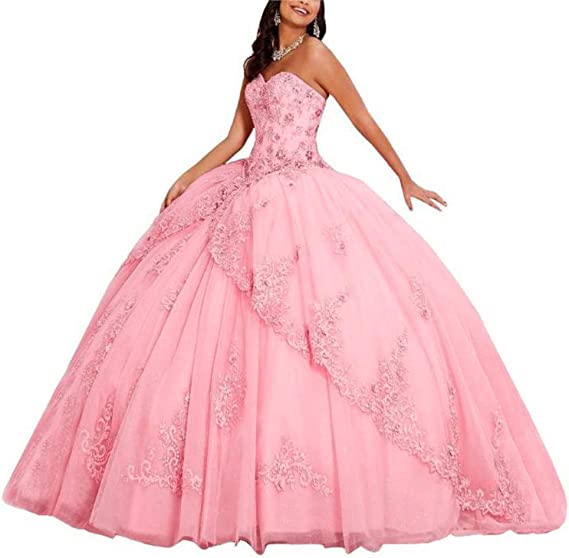 Photo 1 of Meowmming Women's Sweetheart Lace Appliques Quinceanera Prom Dresses Off Shoulder Beaded Sweet 15 Dresses - SIZE 14 - Light Pink
