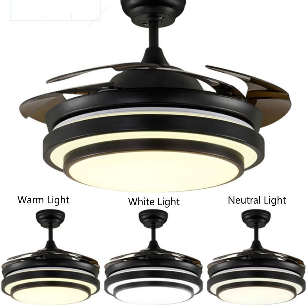 Photo 3 of Southerns Lighting 42" Invisible Ceiling Fan with 3 Color Light 4 Retractable Brown Blades Remote 6 Speed Reversible Fandelier for Bedroom Livingroom, Indoor Light Fans (Black)
