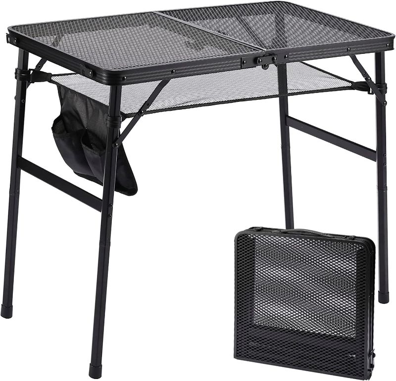 Photo 1 of SKIKEN Small Camping Table with Mesh Bag, Folding Picnic Table, Steel Mesh Desktop, 2 Adjustable Heights, Outdoor Aluminum Table for Grill, Car Travel, Lightweight & Portable (2.65ft, Black)
