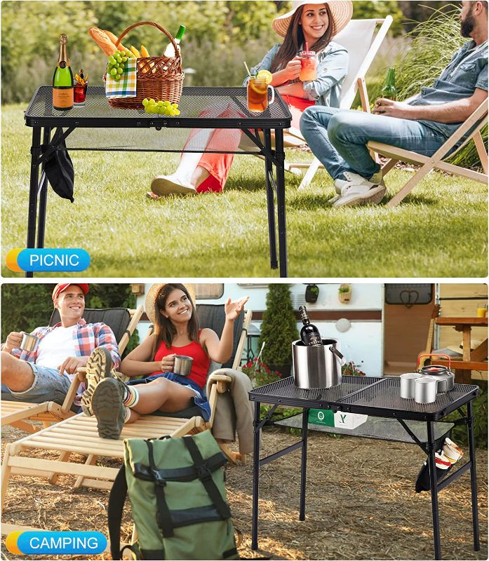 Photo 2 of SKIKEN Small Camping Table with Mesh Bag, Folding Picnic Table, Steel Mesh Desktop, 2 Adjustable Heights, Outdoor Aluminum Table for Grill, Car Travel, Lightweight & Portable (2.65ft, Black)
