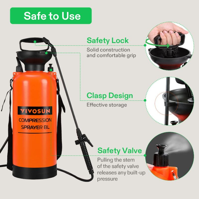 Photo 1 of VIVOSUN 2-Gallon Pump Pressure Sprayer, Pressurized Lawn & Garden Water Spray Bottle with Adjustable Shoulder Strap, Pressure Relief Valve, for Spraying Plants, Garden Watering and Household Cleaning 2 gallon